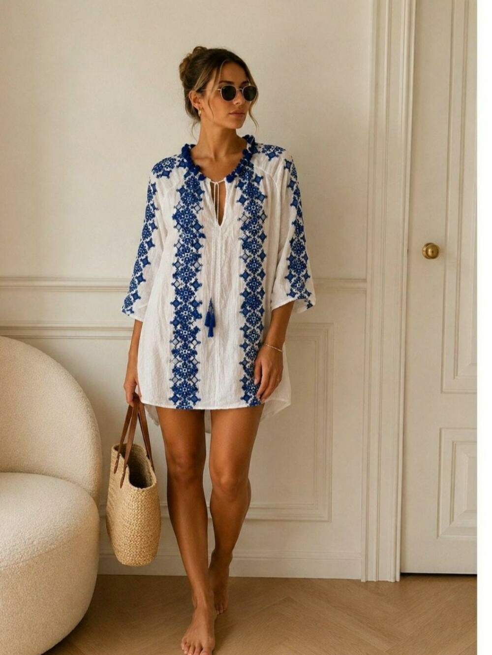 Zara White Cover-Up Tunic with Blue Embroidered Panels